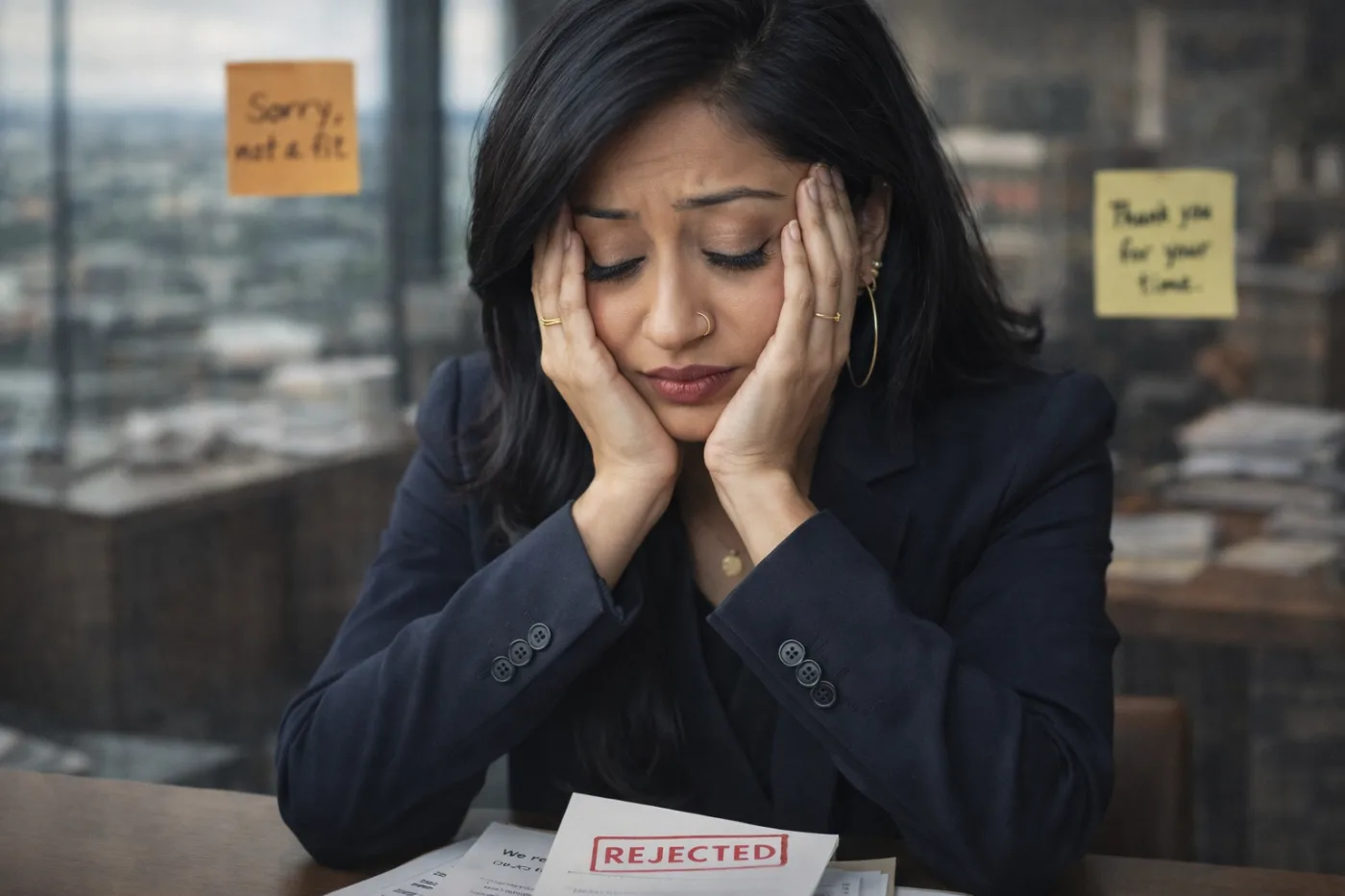 Professional image of a businesswoman in a dark blazer sitting at a table with her head resting in her hands, surrounded by subtle rejection cues like declined opportunities and blurred office surroundings, symbolizing career setback and reflection.