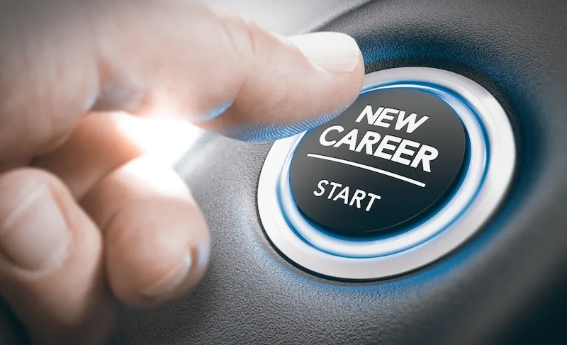 finger pressing a new career start button. Concept of occupational or professional retraining or job opportunities. Composite between a hand photography and a 3D background