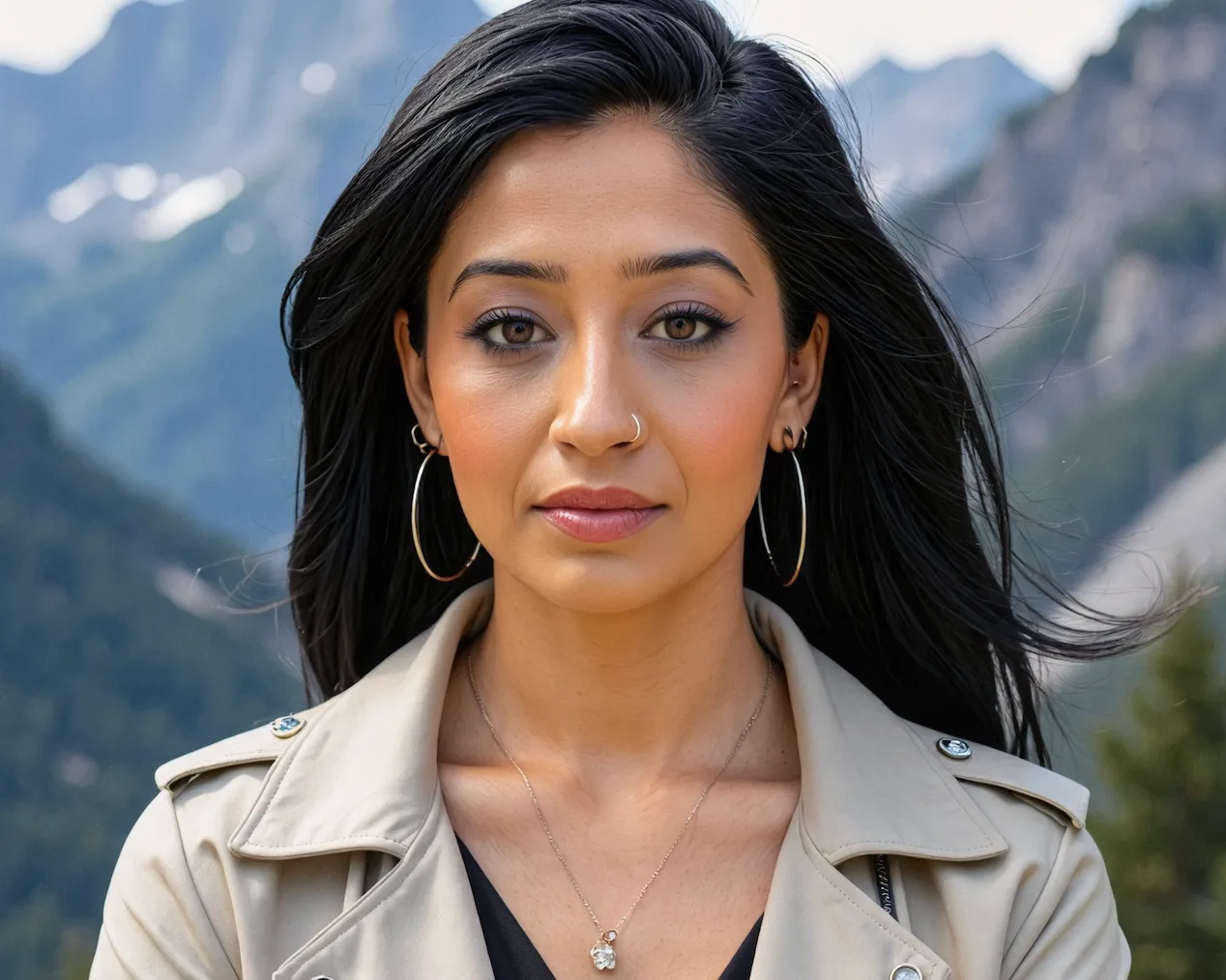 Professional woman with long dark hair wearing beige trench coat and black top, arms crossed confidently, standing outdoors with mountain landscape background