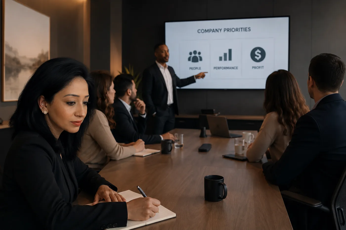 A professional conference room with employees gathered around a long table during a leadership presentation. A South Asian woman sits in the foreground taking notes while a presenter discusses company priorities on a screen. The scene highlights workplace culture, leadership influence, and organizational decision-making.