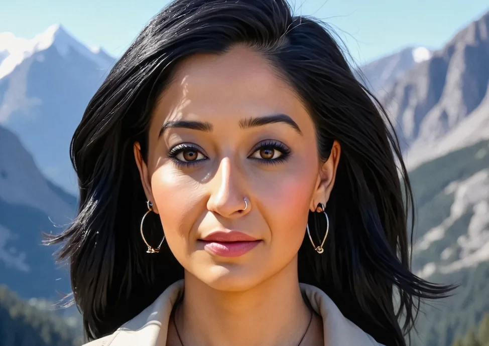 AI Headshot of a women wearing a beige jacket on behind mountains