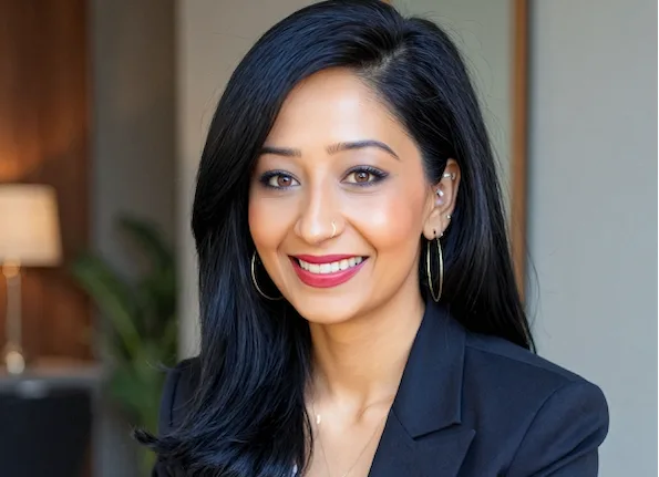 A woman in a blue blazer smiling for the camera