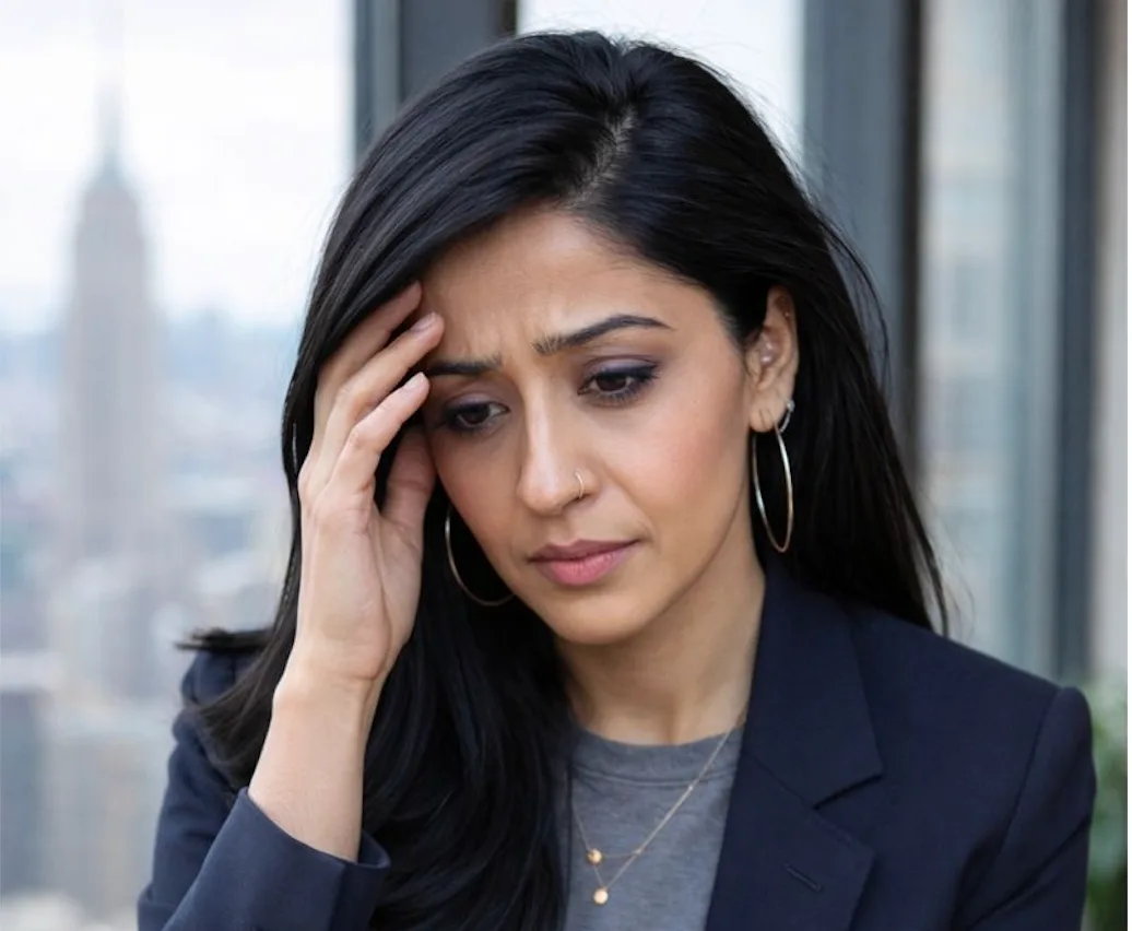 Professional woman in navy blazer holding her head looking stressed and overwhelmed in an office with city skyline in background